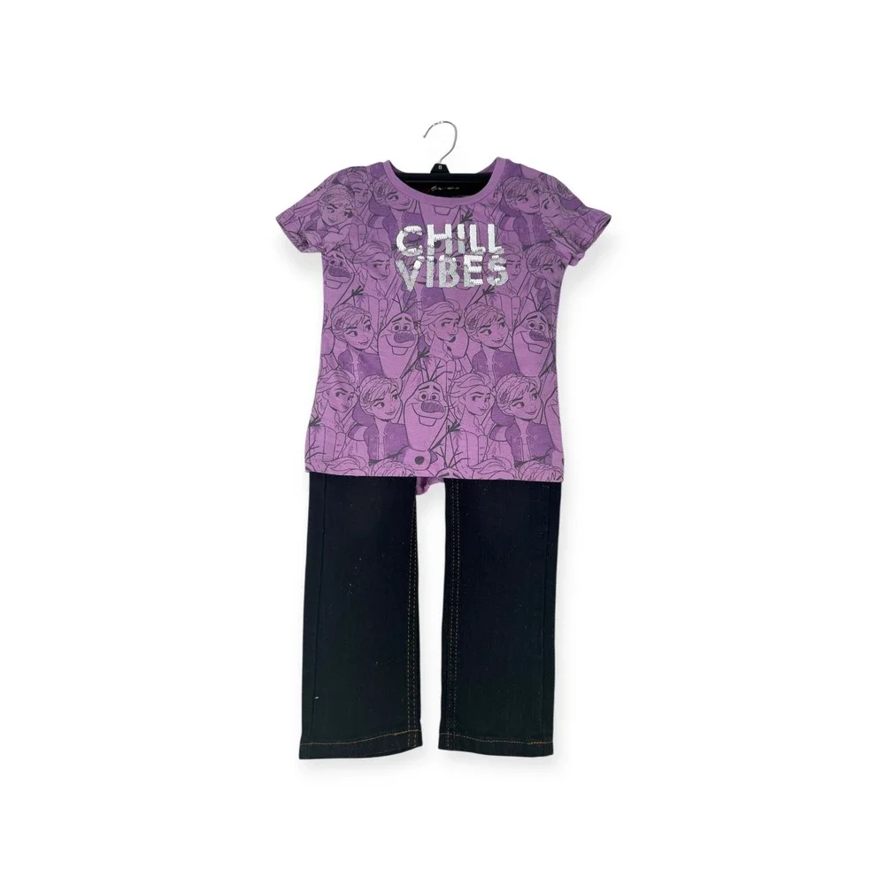 Disney Frozen II Outfit Chill Vibes Shirt & Jeans Set Purple Black Sz‎ 6